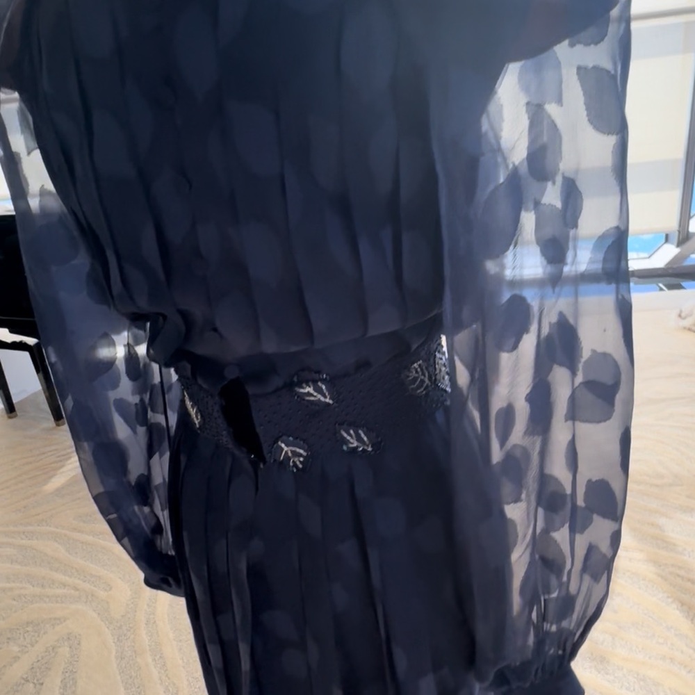 Vintage Sheer Navy Blue Dress with Hand Beaded Leaf Accents - Picture 5 of 9